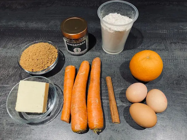 Ingrédients pour le cake carottes et gingembre Bio